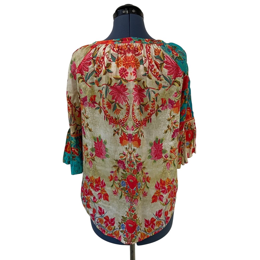 Lula Soul Floral Patchwork Tassel Bell Sleeve Button Up Peasant Top Boho Chic S - Picture 4 of 14